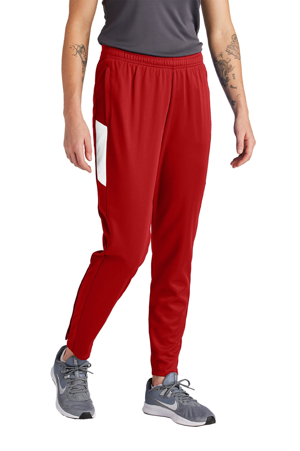 Sport-Tek LPST800 Womens Moisture Wicking Travel Pants w/ Pockets Deep Red/White Model Front