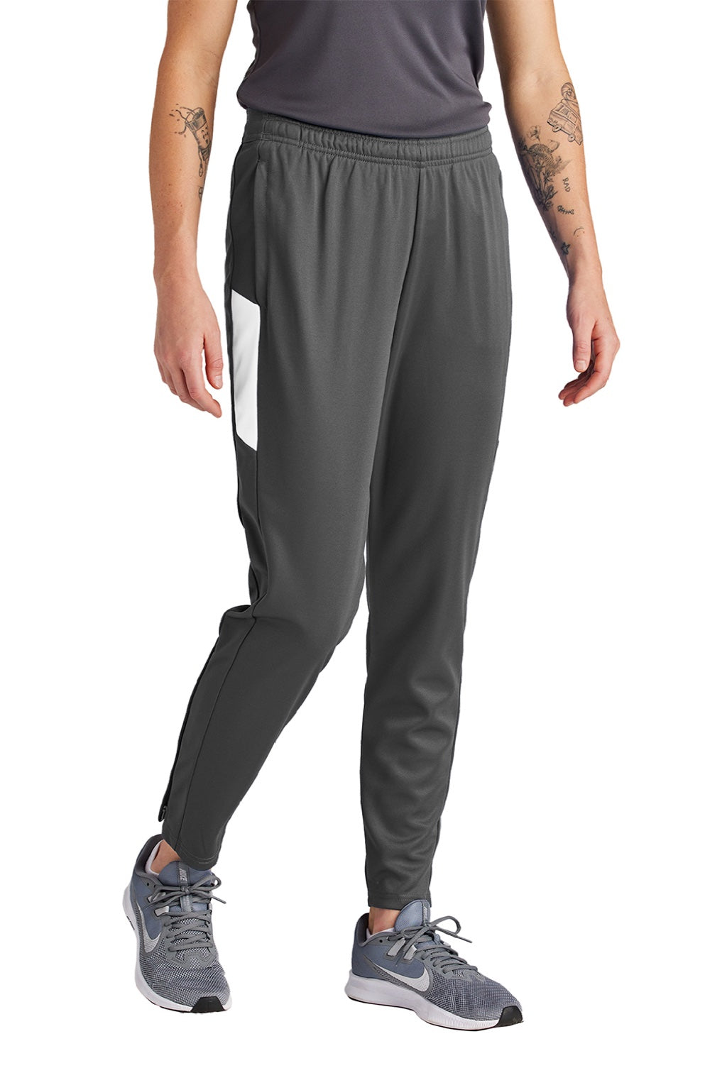 Sport-Tek LPST800 Womens Moisture Wicking Travel Pants w/ Pockets Iron Grey/White Model Front