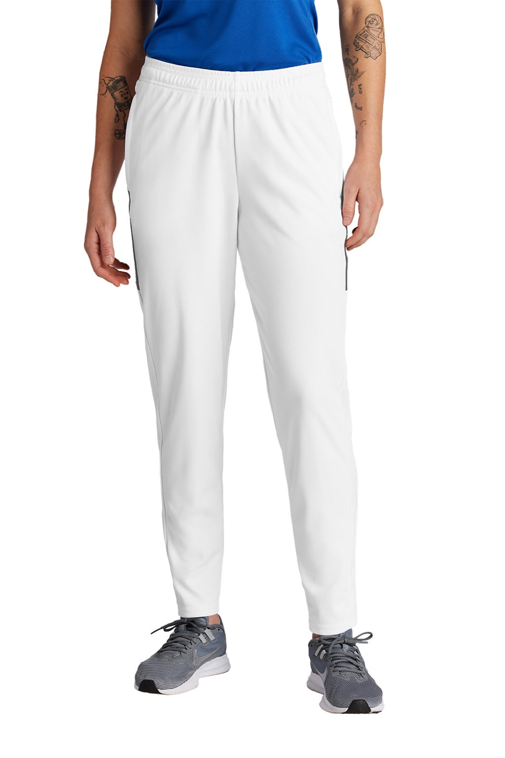 Sport-Tek LPST800 Womens Moisture Wicking Travel Pants w/ Pockets White/Iron Grey Model Front