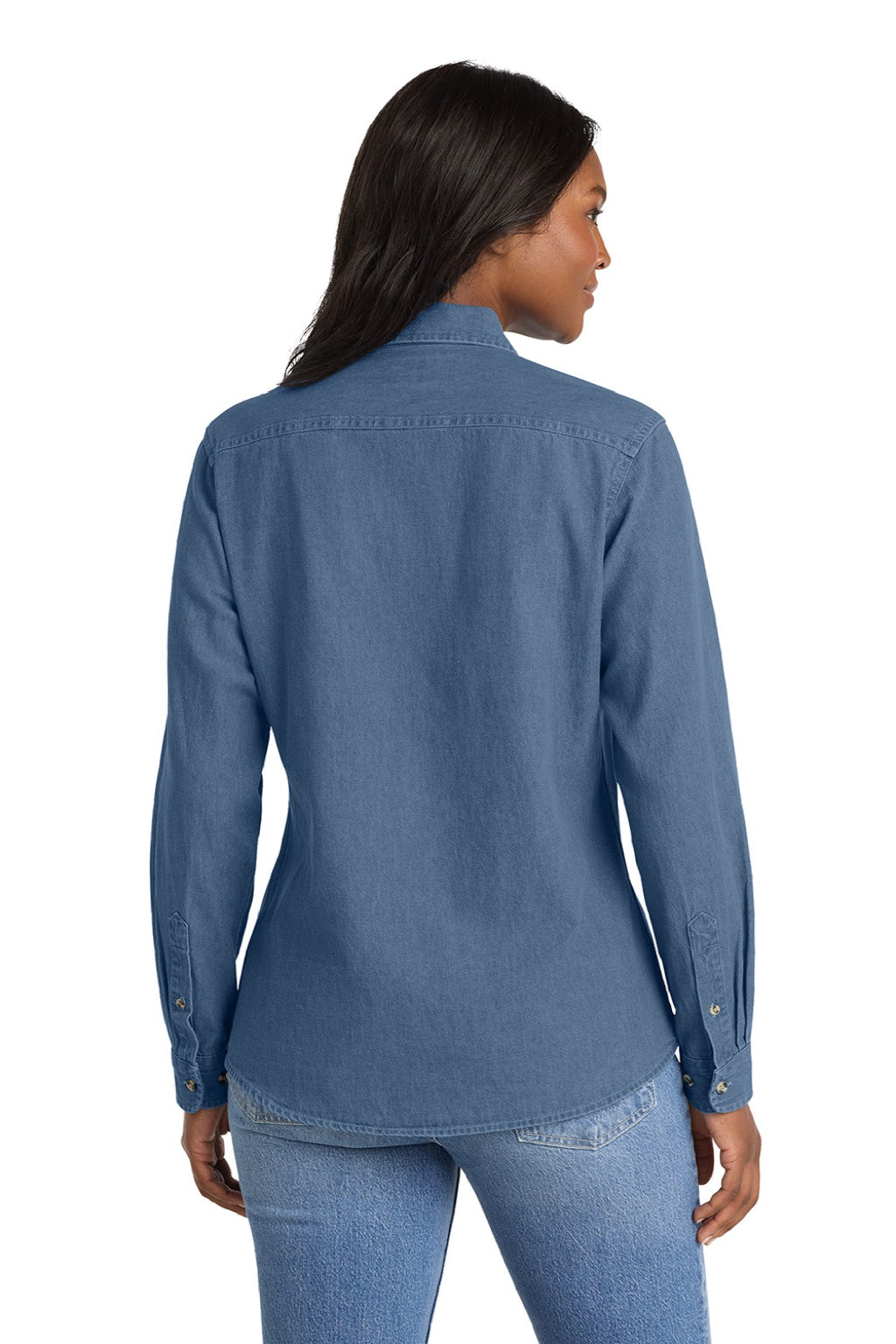 Port & Company LSP10 Womens Denim Long Sleeve Button Down Shirt Faded Blue Model Back