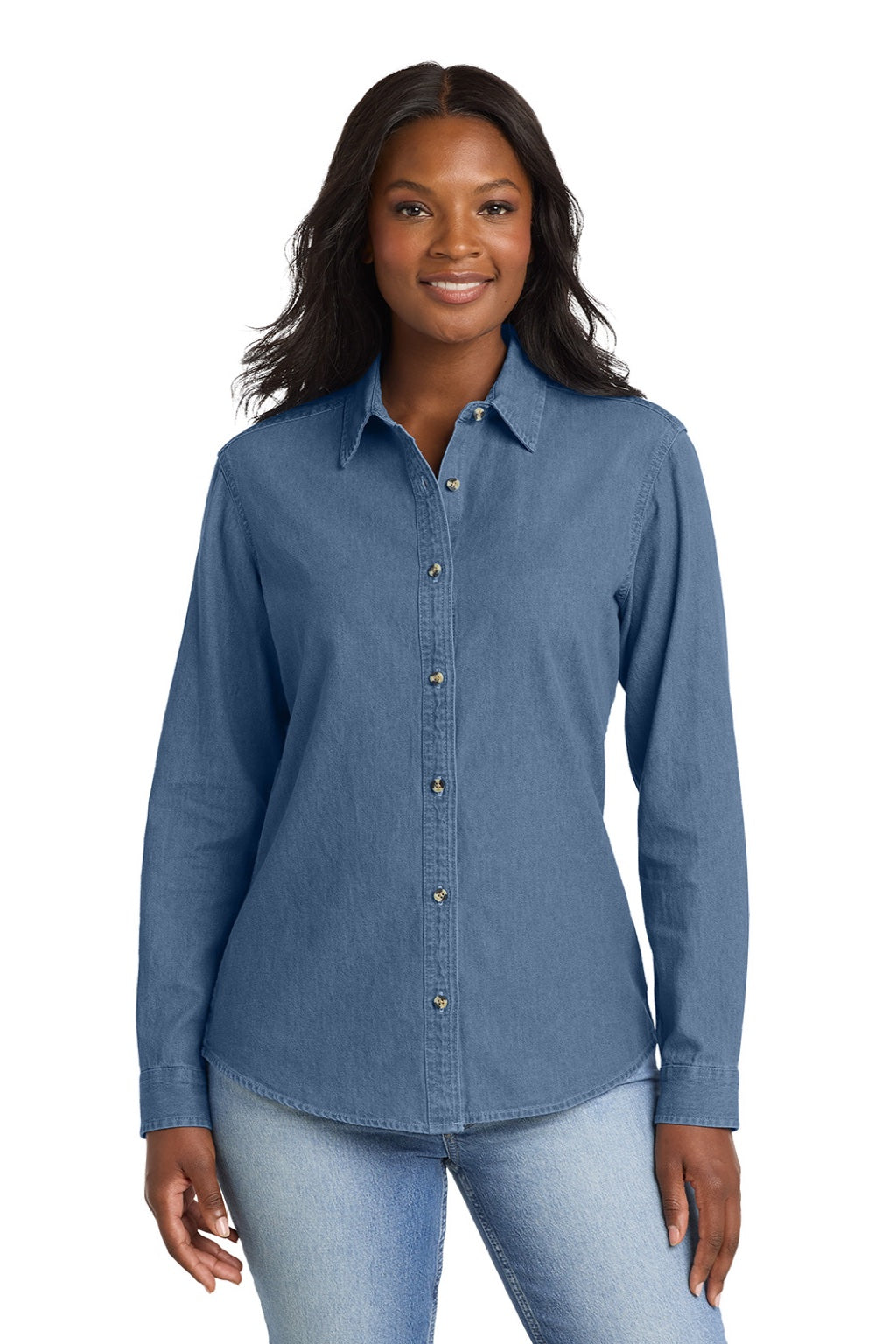 Port & Company LSP10 Womens Denim Long Sleeve Button Down Shirt Faded Blue Model Front