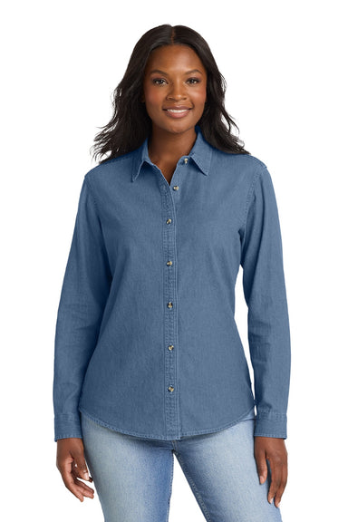 Port & Company LSP10 Womens Denim Long Sleeve Button Down Shirt Faded Blue Model Front