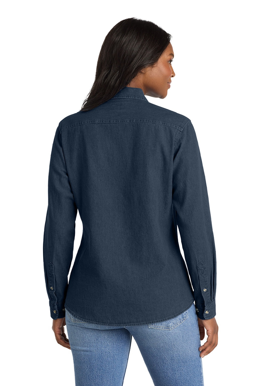 Port & Company LSP10 Womens Denim Long Sleeve Button Down Shirt Ink Blue Model Back