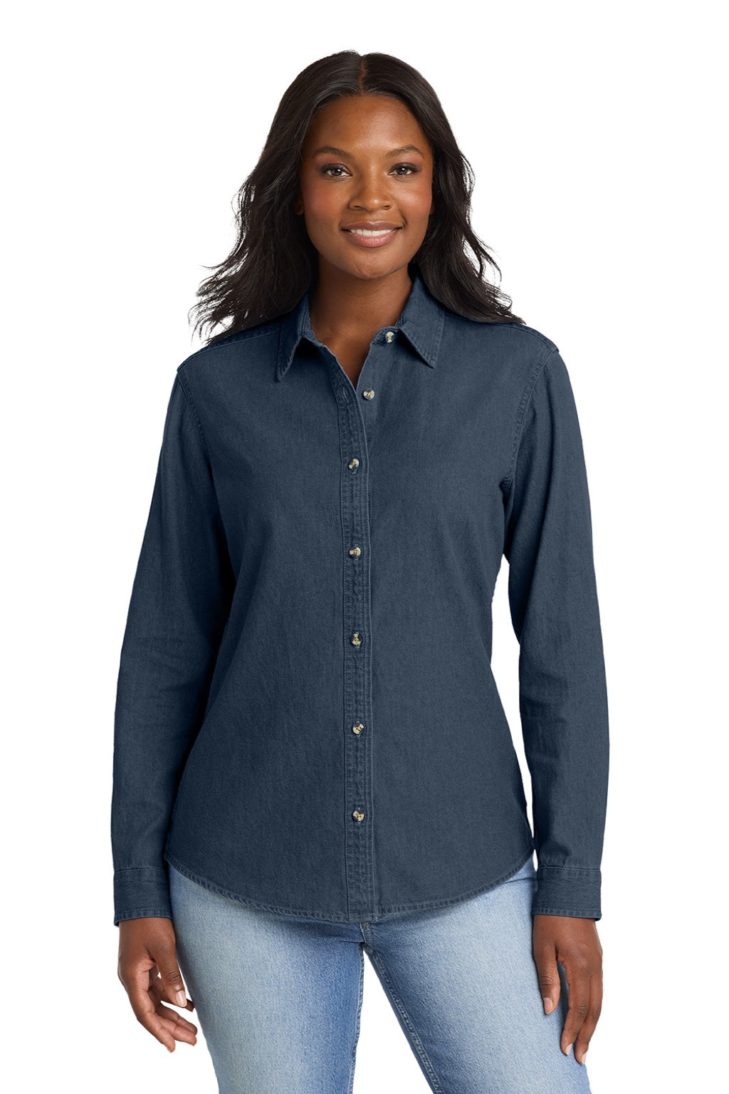 Port & Company LSP10 Womens Denim Long Sleeve Button Down Shirt Ink Blue Model Front