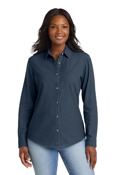 Port & Company LSP10 Womens Denim Long Sleeve Button Down Shirt Ink Blue Model Front