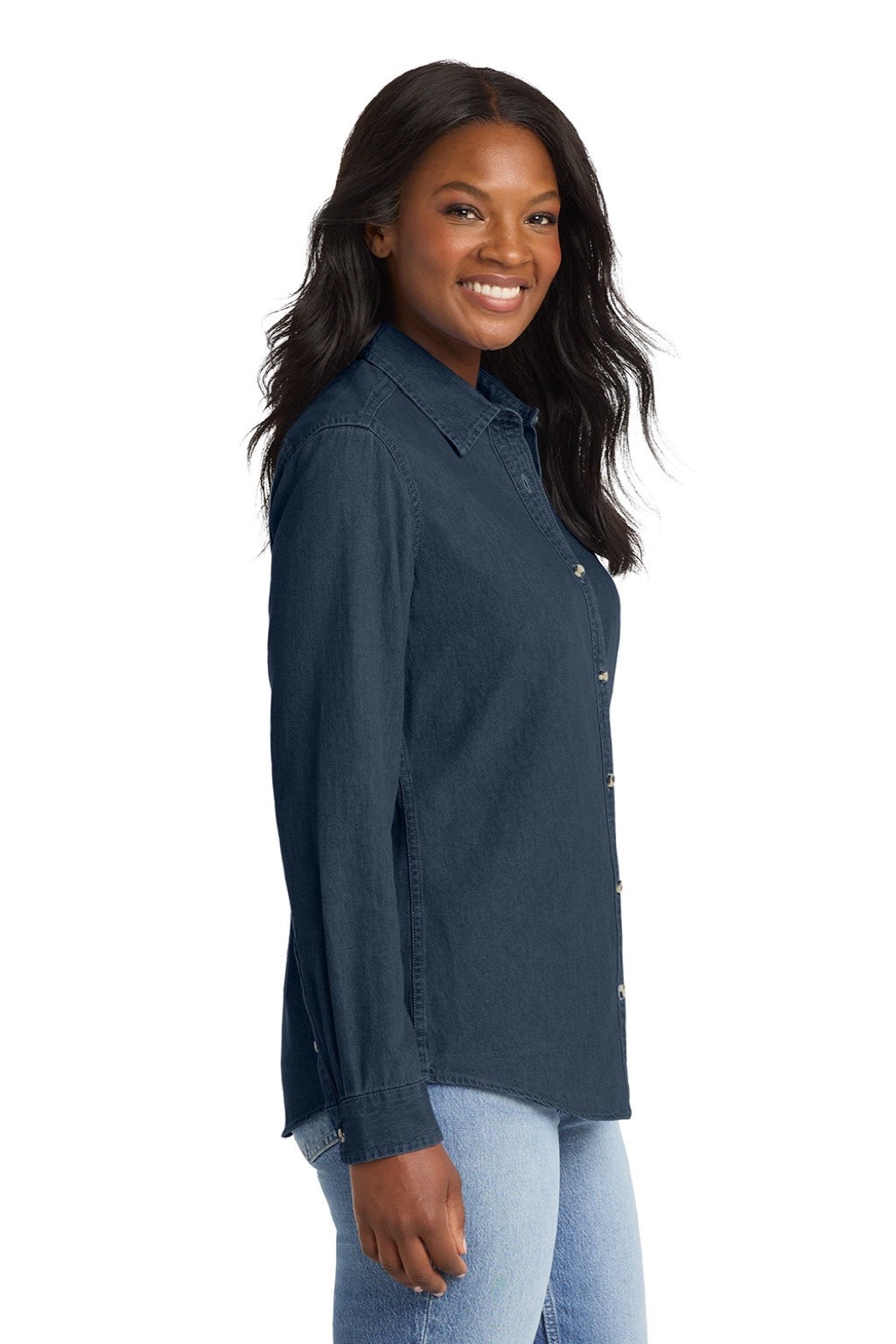 Port & Company LSP10 Womens Denim Long Sleeve Button Down Shirt Ink Blue Model Side