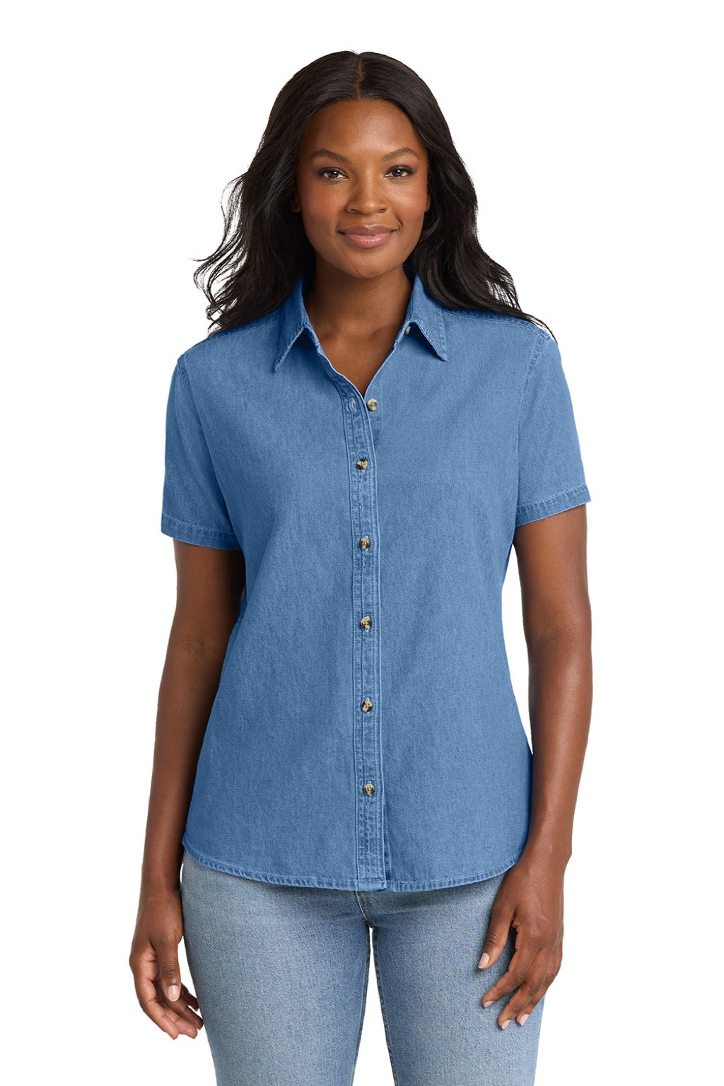 Port & Company LSP11 Womens Denim Short Sleeve Button Down Shirt Faded Blue Model Front