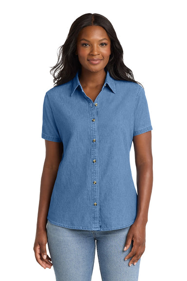 Port & Company LSP11 Womens Denim Short Sleeve Button Down Shirt Faded Blue Model Front