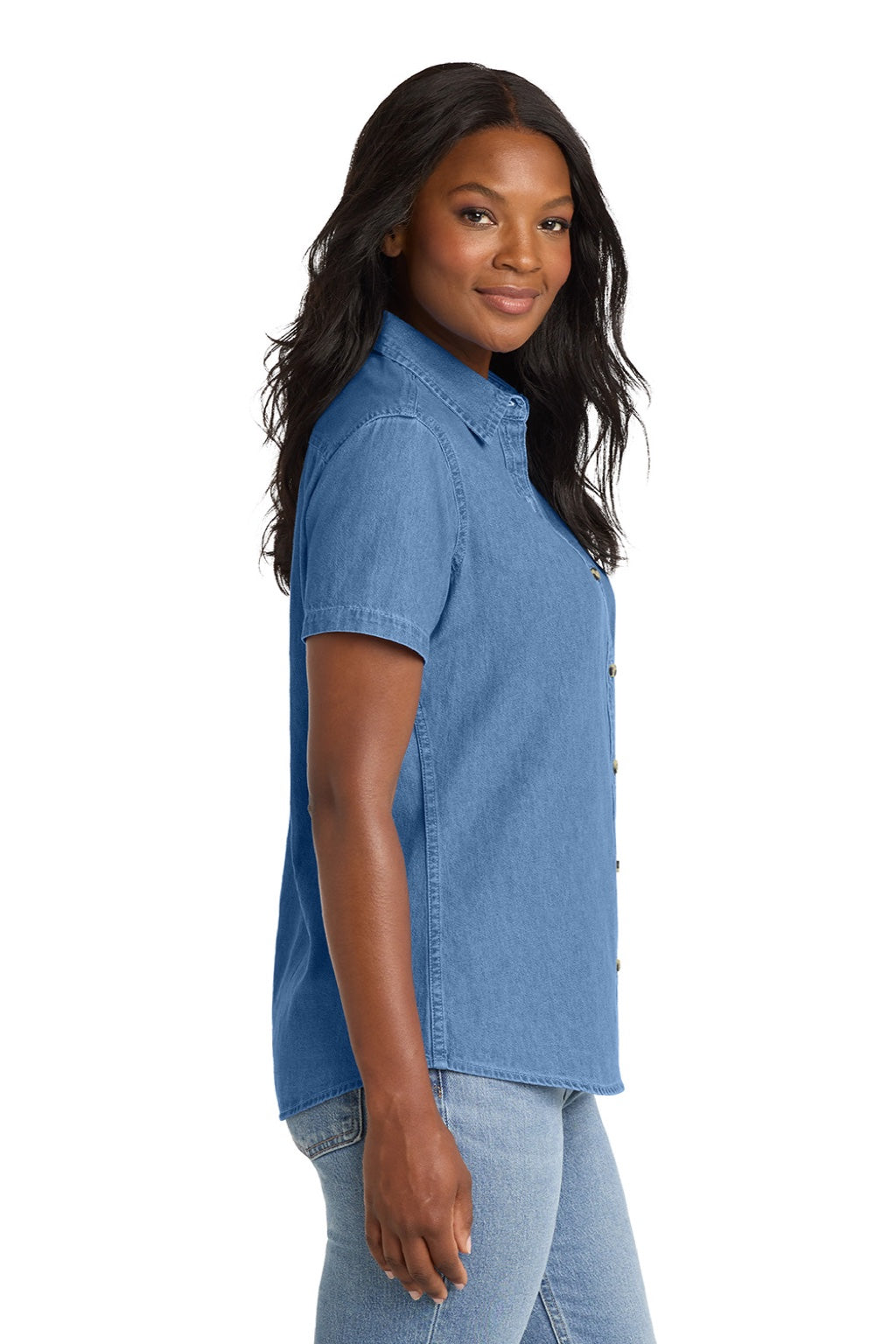 Port & Company LSP11 Womens Denim Short Sleeve Button Down Shirt Faded Blue Model Side