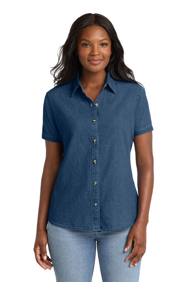 Port & Company LSP11 Womens Denim Short Sleeve Button Down Shirt Ink Blue Model Front
