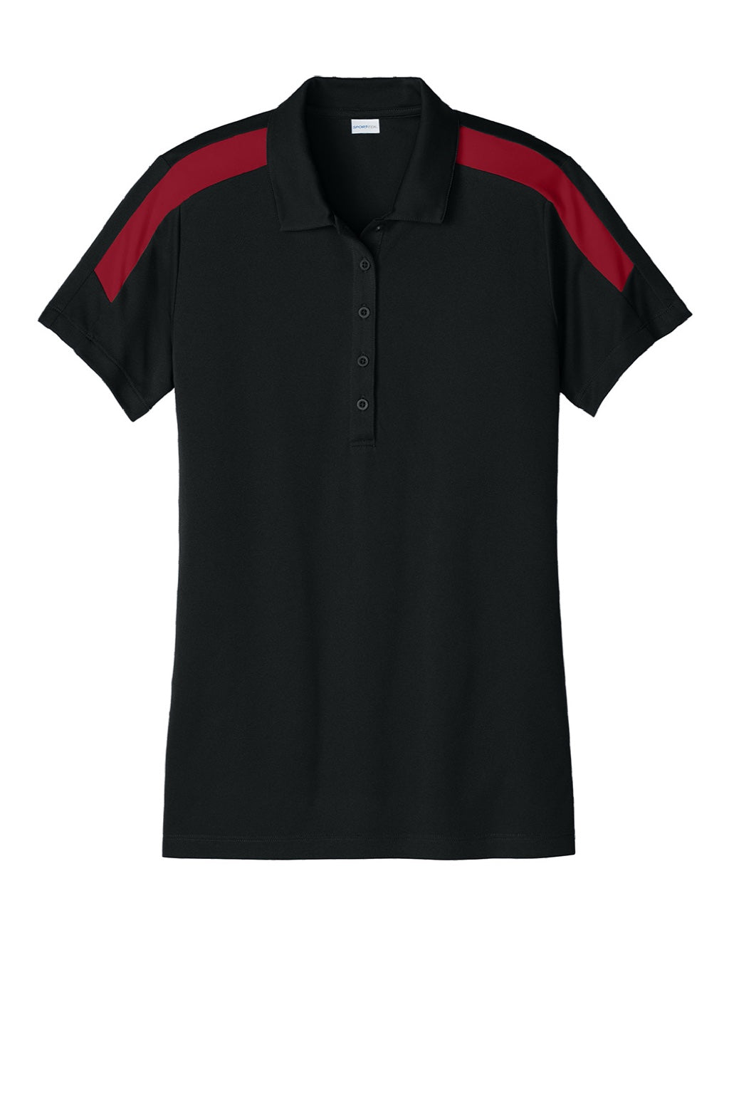Sport-Tek LST104 Womens Moisture Wicking Competitor United Short Sleeve Polo Shirt Black/Deep Red Flat Front