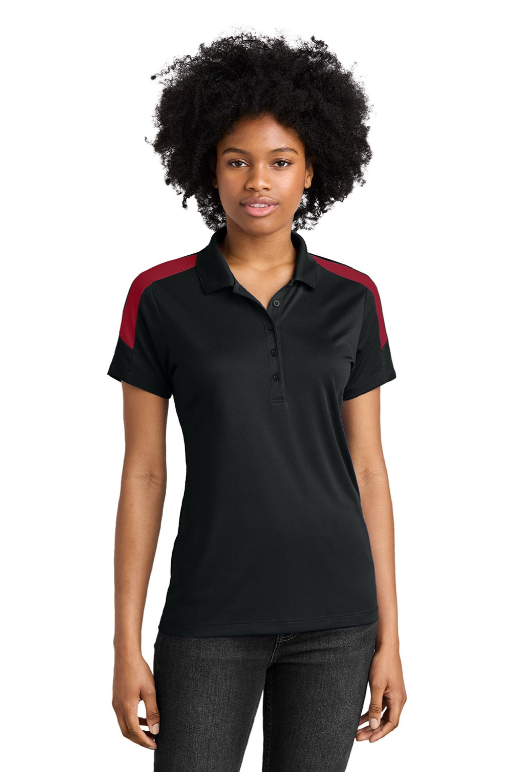 Sport-Tek LST104 Womens Moisture Wicking Competitor United Short Sleeve Polo Shirt Black/Deep Red Model Front