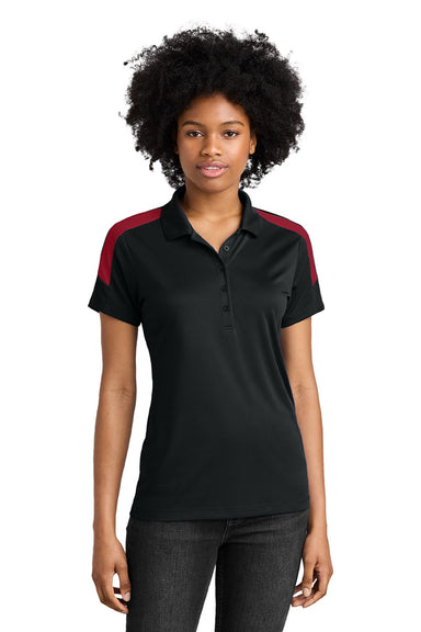 Sport-Tek LST104 Womens Moisture Wicking Competitor United Short Sleeve Polo Shirt Black/Deep Red Model Front