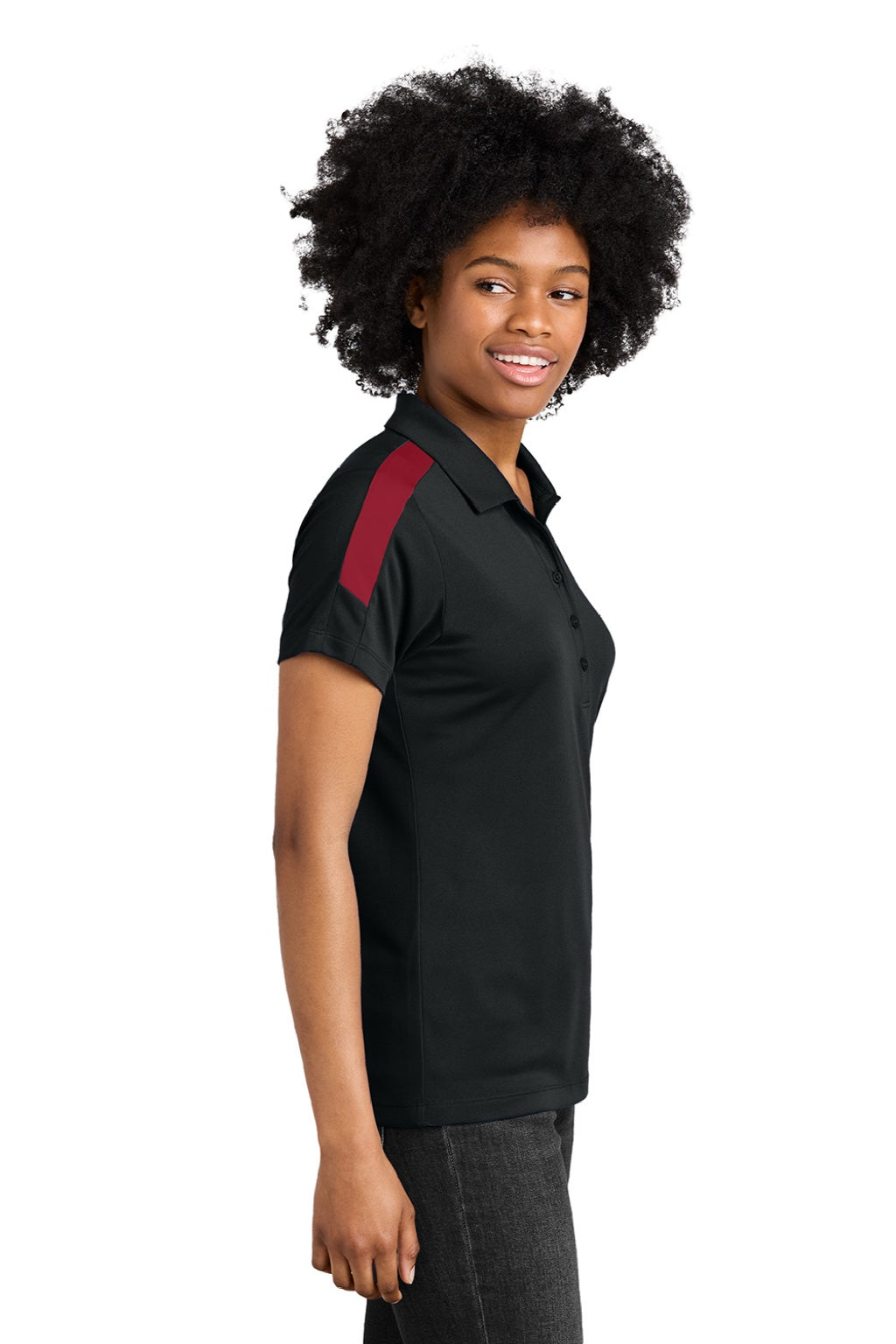 Sport-Tek LST104 Womens Moisture Wicking Competitor United Short Sleeve Polo Shirt Black/Deep Red Model Side