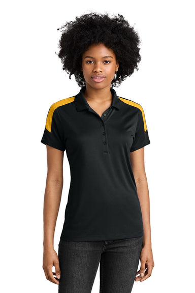 Sport-Tek LST104 Womens Moisture Wicking Competitor United Short Sleeve Polo Shirt Black/Gold Model Front