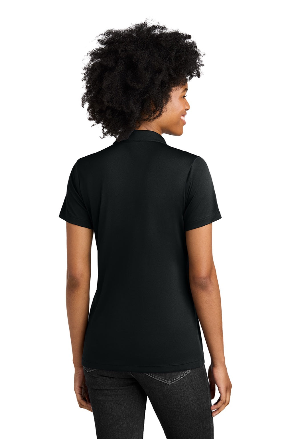 Sport-Tek LST104 Womens Moisture Wicking Competitor United Short Sleeve Polo Shirt Black/White Model Back