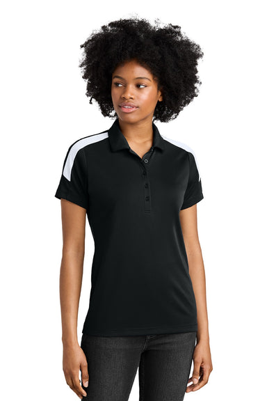 Sport-Tek LST104 Womens Moisture Wicking Competitor United Short Sleeve Polo Shirt Black/White Model Front