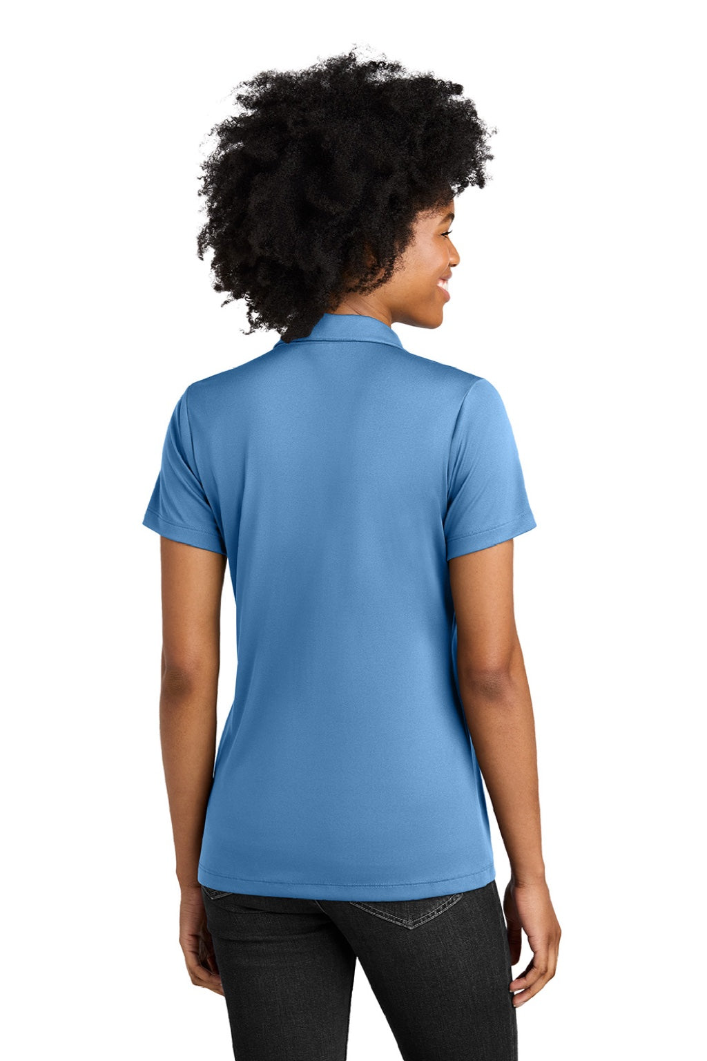 Sport-Tek LST104 Womens Moisture Wicking Competitor United Short Sleeve Polo Shirt Carolina Blue/White Model Back