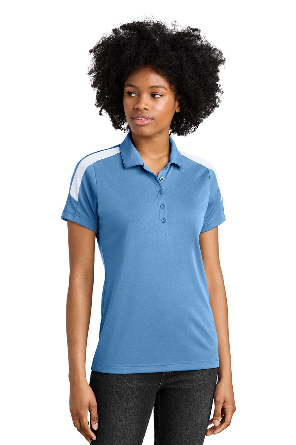 Sport-Tek LST104 Womens Moisture Wicking Competitor United Short Sleeve Polo Shirt Carolina Blue/White Model Front