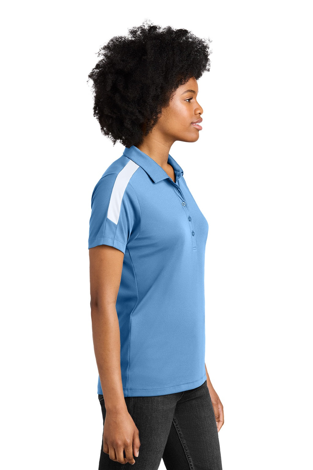 Sport-Tek LST104 Womens Moisture Wicking Competitor United Short Sleeve Polo Shirt Carolina Blue/White Model Side