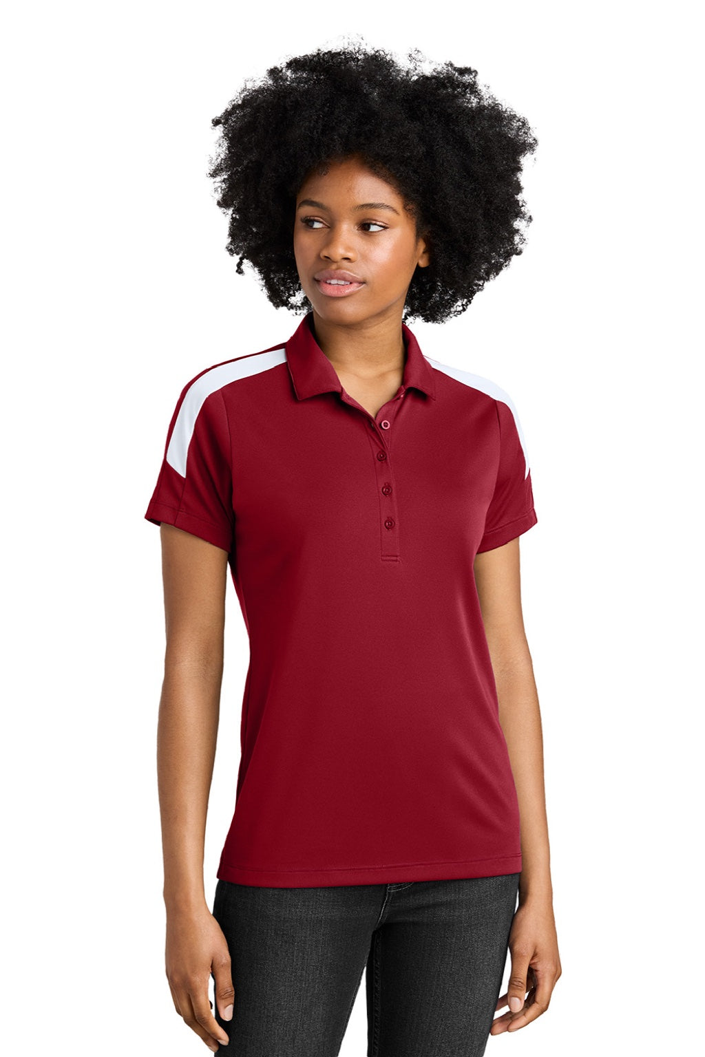 Sport-Tek LST104 Womens Moisture Wicking Competitor United Short Sleeve Polo Shirt Deep Red/White Model Front
