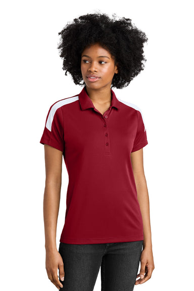 Sport-Tek LST104 Womens Moisture Wicking Competitor United Short Sleeve Polo Shirt Deep Red/White Model Front