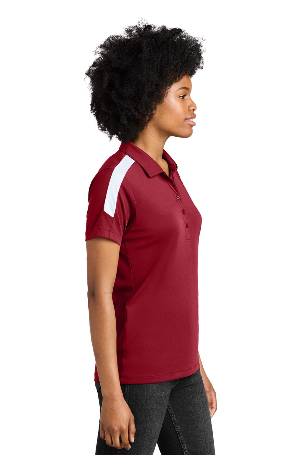 Sport-Tek LST104 Womens Moisture Wicking Competitor United Short Sleeve Polo Shirt Deep Red/White Model Side