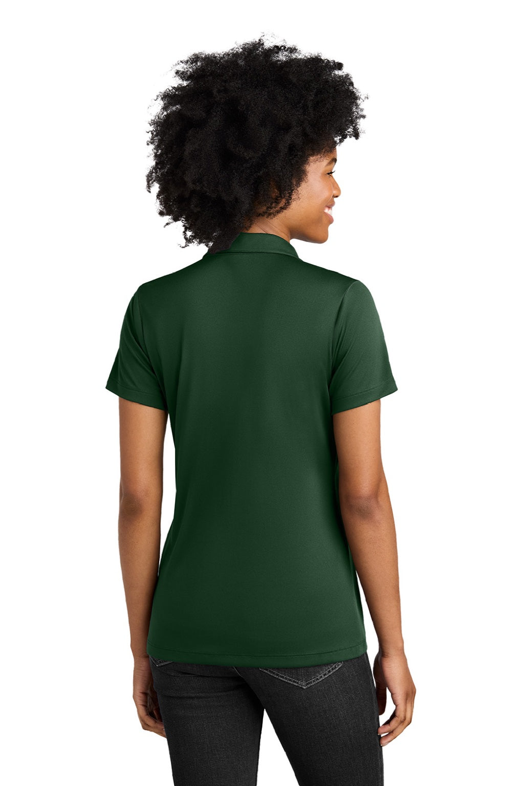 Sport-Tek LST104 Womens Moisture Wicking Competitor United Short Sleeve Polo Shirt Forest Green/White Model Back