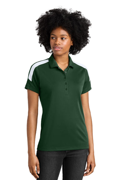 Sport-Tek LST104 Womens Moisture Wicking Competitor United Short Sleeve Polo Shirt Forest Green/White Model Front