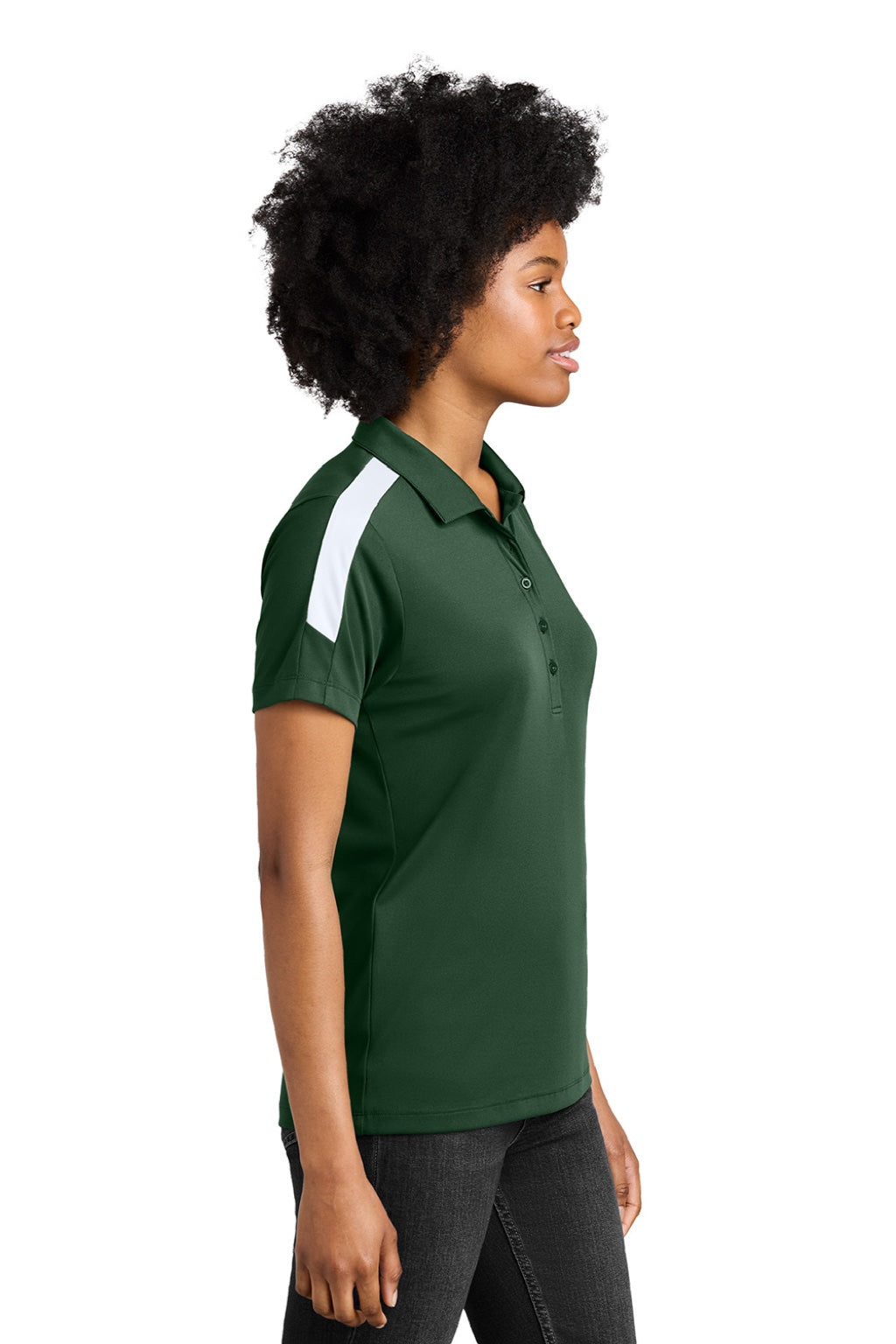 Sport-Tek LST104 Womens Moisture Wicking Competitor United Short Sleeve Polo Shirt Forest Green/White Model Side