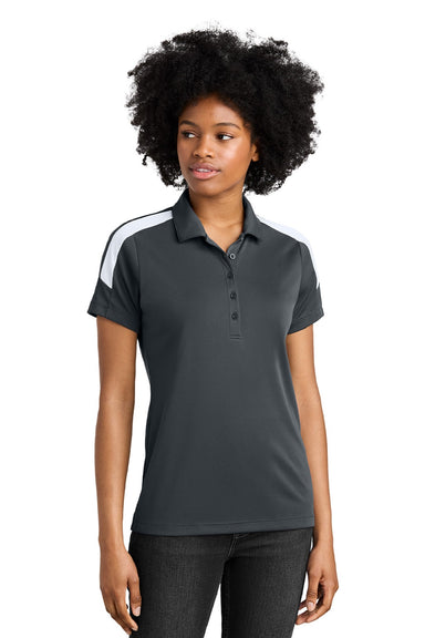 Sport-Tek LST104 Womens Moisture Wicking Competitor United Short Sleeve Polo Shirt Iron Grey/White Model Front