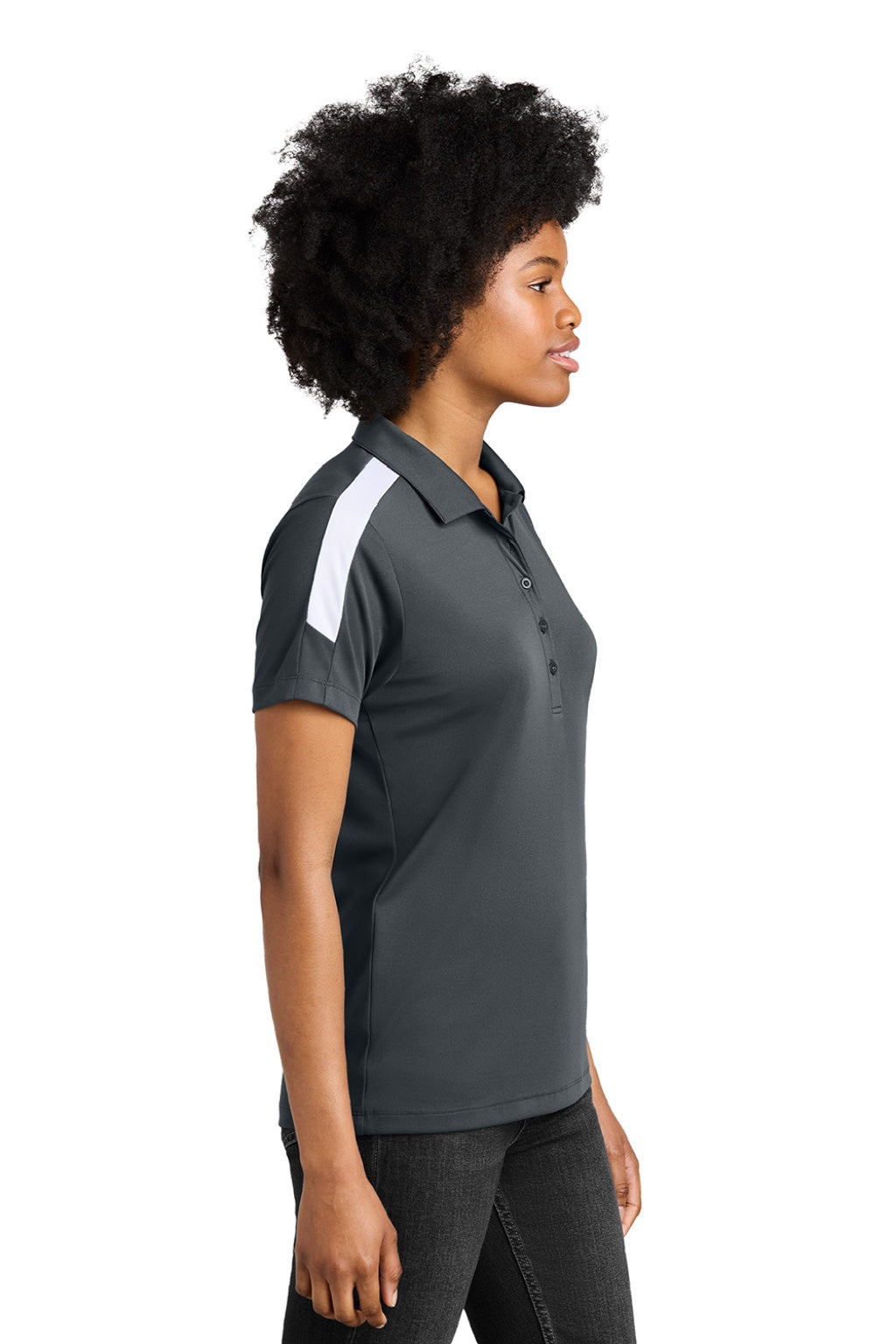 Sport-Tek LST104 Womens Moisture Wicking Competitor United Short Sleeve Polo Shirt Iron Grey/White Model Side
