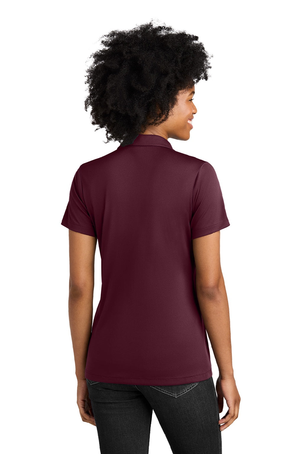 Sport-Tek LST104 Womens Moisture Wicking Competitor United Short Sleeve Polo Shirt Maroon/White Model Back