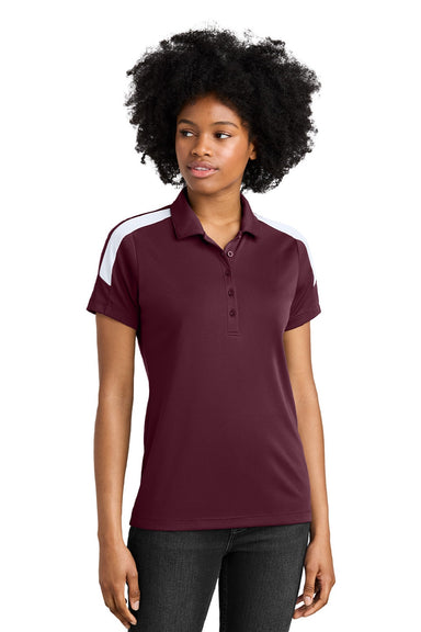 Sport-Tek LST104 Womens Moisture Wicking Competitor United Short Sleeve Polo Shirt Maroon/White Model Front