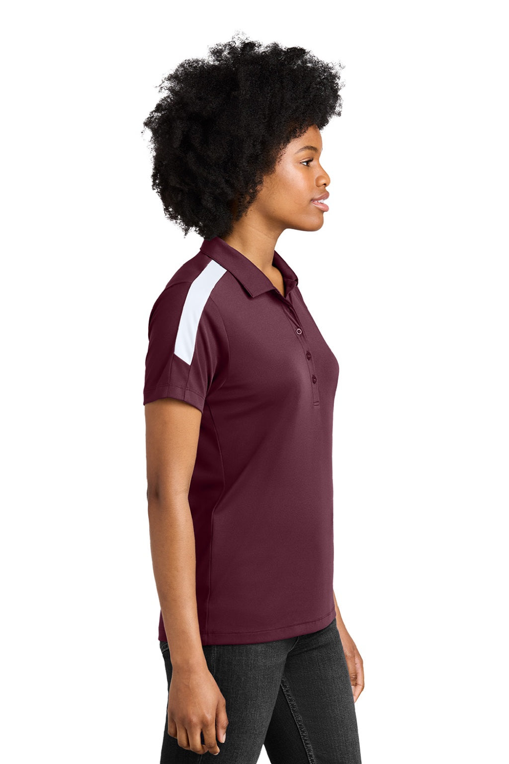 Sport-Tek LST104 Womens Moisture Wicking Competitor United Short Sleeve Polo Shirt Maroon/White Model Side