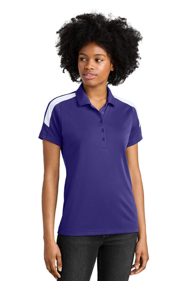 Sport-Tek LST104 Womens Moisture Wicking Competitor United Short Sleeve Polo Shirt Purple/White Model Front