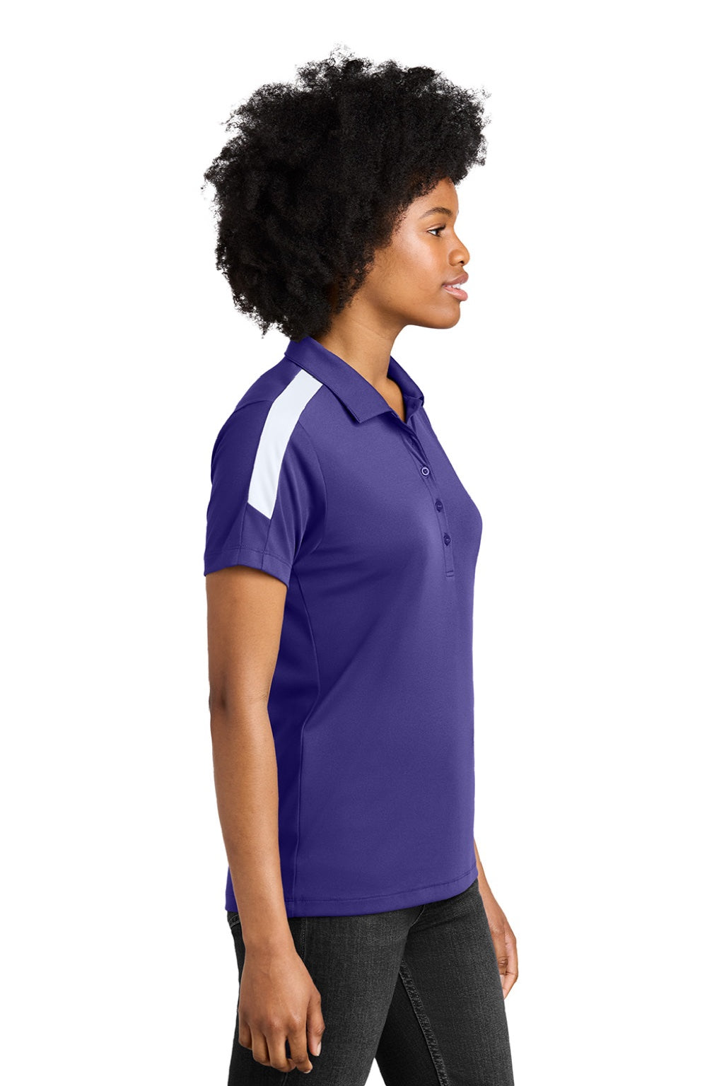 Sport-Tek LST104 Womens Moisture Wicking Competitor United Short Sleeve Polo Shirt Purple/White Model Side