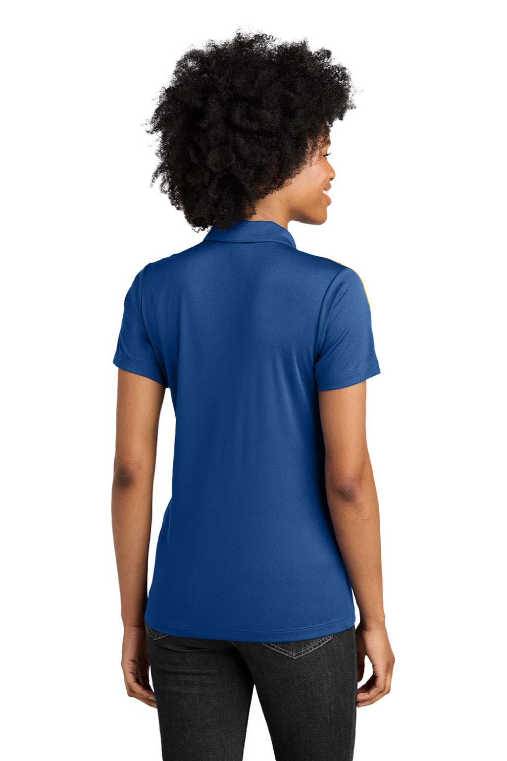 Sport-Tek LST104 Womens Moisture Wicking Competitor United Short Sleeve Polo Shirt Royal Blue/Gold Model Back