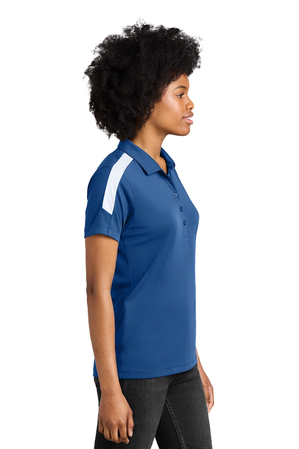 Sport-Tek LST104 Womens Moisture Wicking Competitor United Short Sleeve Polo Shirt Royal Blue/White Model Side