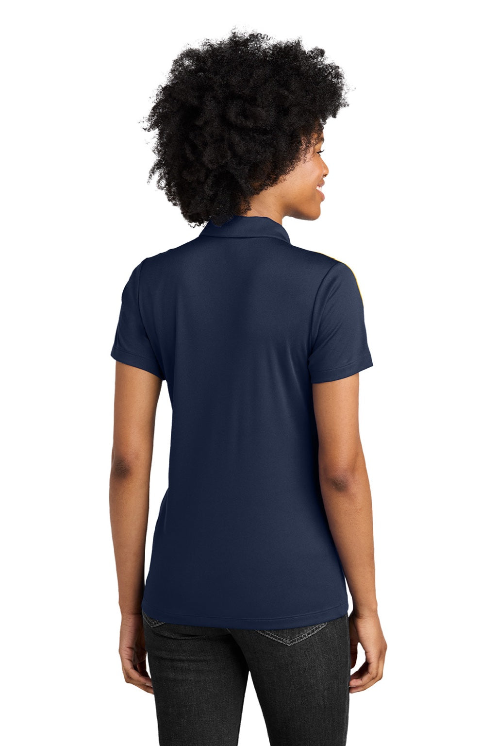 Sport-Tek LST104 Womens Moisture Wicking Competitor United Short Sleeve Polo Shirt True Navy Blue/Gold Model Back