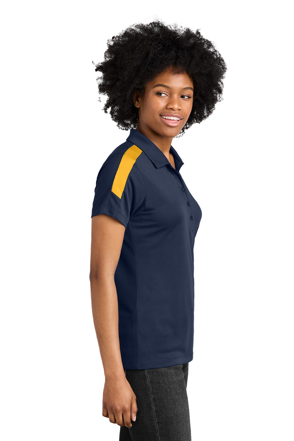 Sport-Tek LST104 Womens Moisture Wicking Competitor United Short Sleeve Polo Shirt True Navy Blue/Gold Model Side