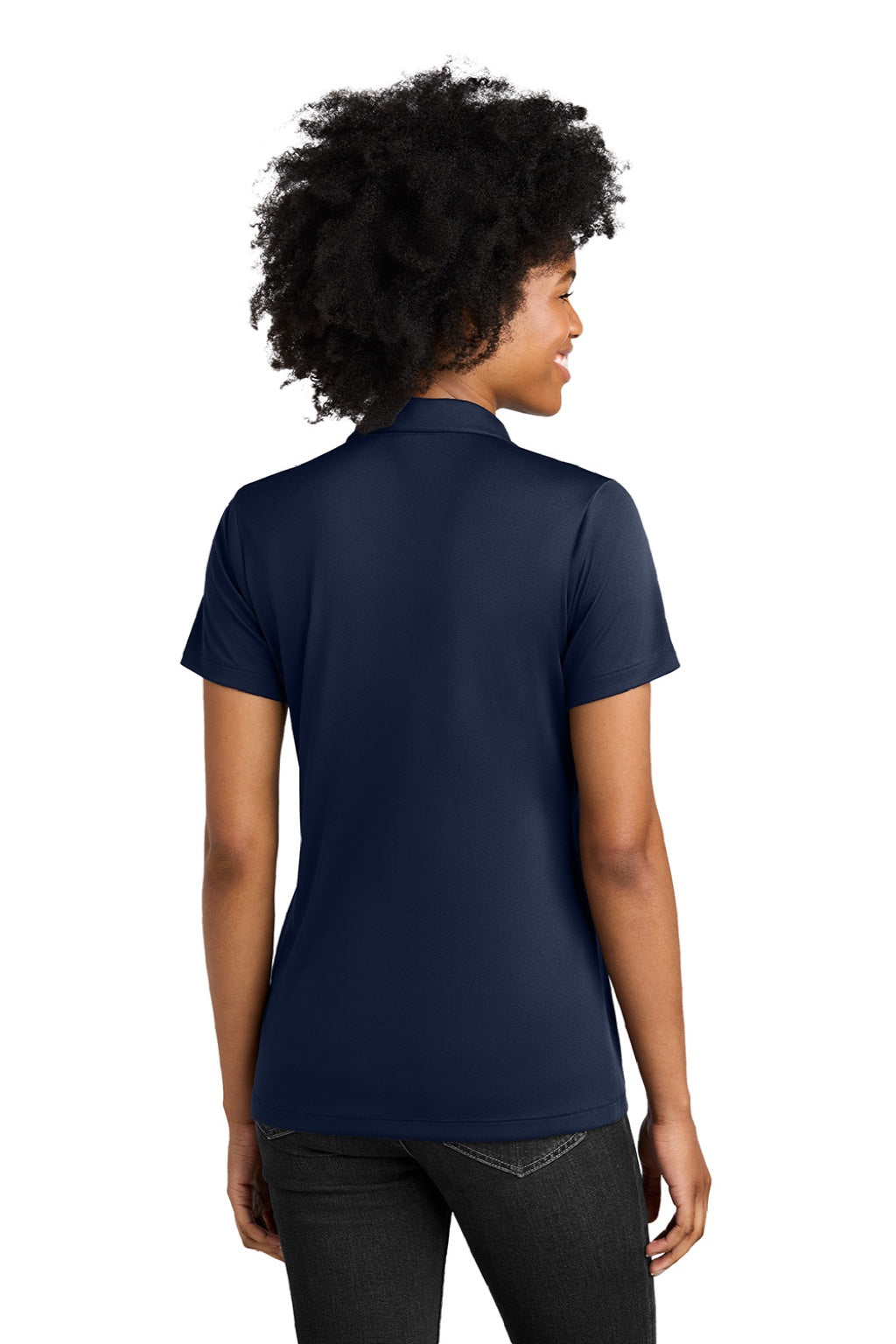 Sport-Tek LST104 Womens Moisture Wicking Competitor United Short Sleeve Polo Shirt True Navy Blue/White Model Back