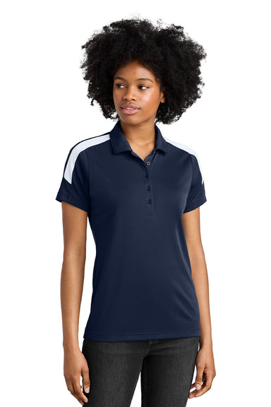 Sport-Tek LST104 Womens Moisture Wicking Competitor United Short Sleeve Polo Shirt True Navy Blue/White Model Front