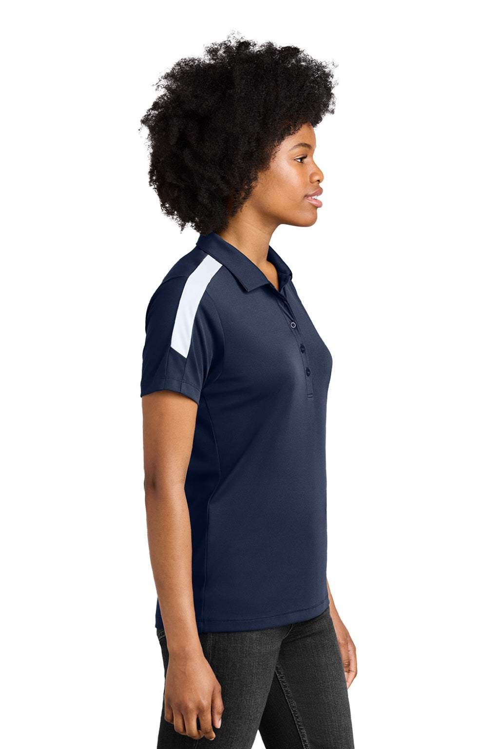 Sport-Tek LST104 Womens Moisture Wicking Competitor United Short Sleeve Polo Shirt True Navy Blue/White Model Side