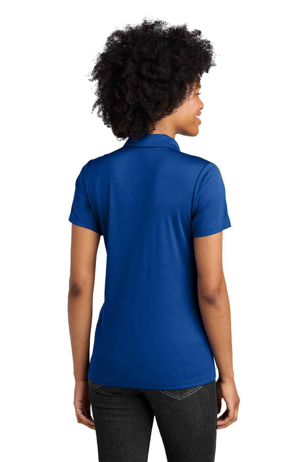Sport-Tek LST104 Womens Moisture Wicking Competitor United Short Sleeve Polo Shirt True Royal Blue/Gold Model Back