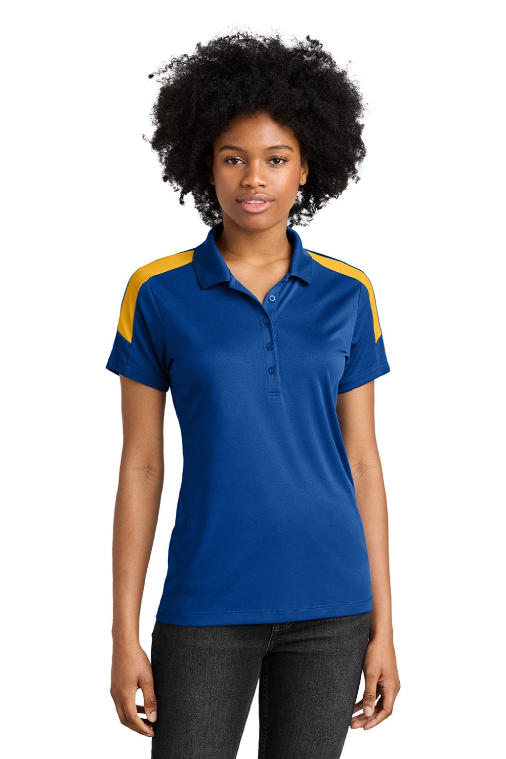 Sport-Tek LST104 Womens Moisture Wicking Competitor United Short Sleeve Polo Shirt True Royal Blue/Gold Model Front