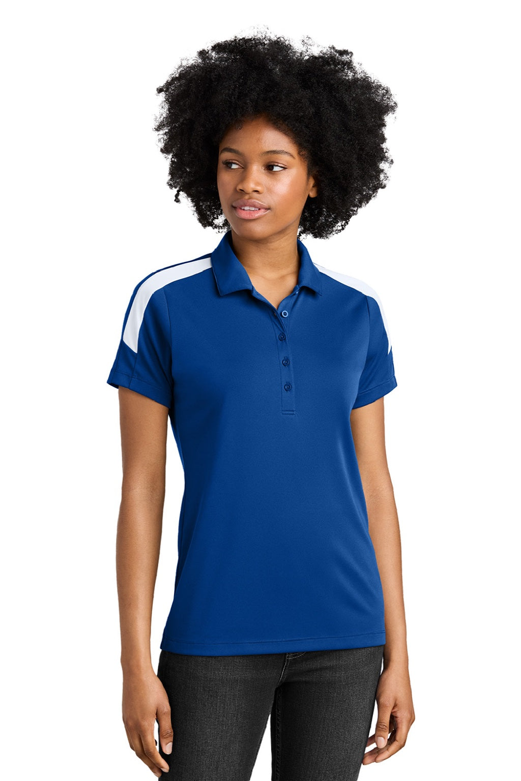 Sport-Tek LST104 Womens Moisture Wicking Competitor United Short Sleeve Polo Shirt True Royal Blue/White Model Front