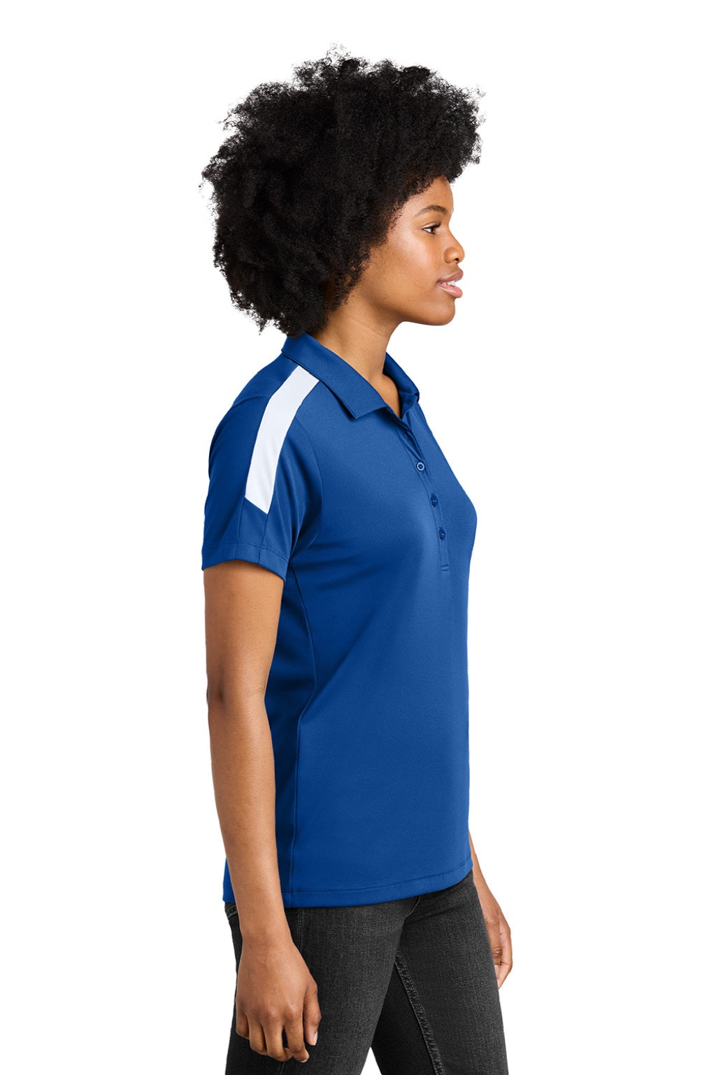 Sport-Tek LST104 Womens Moisture Wicking Competitor United Short Sleeve Polo Shirt True Royal Blue/White Model Side