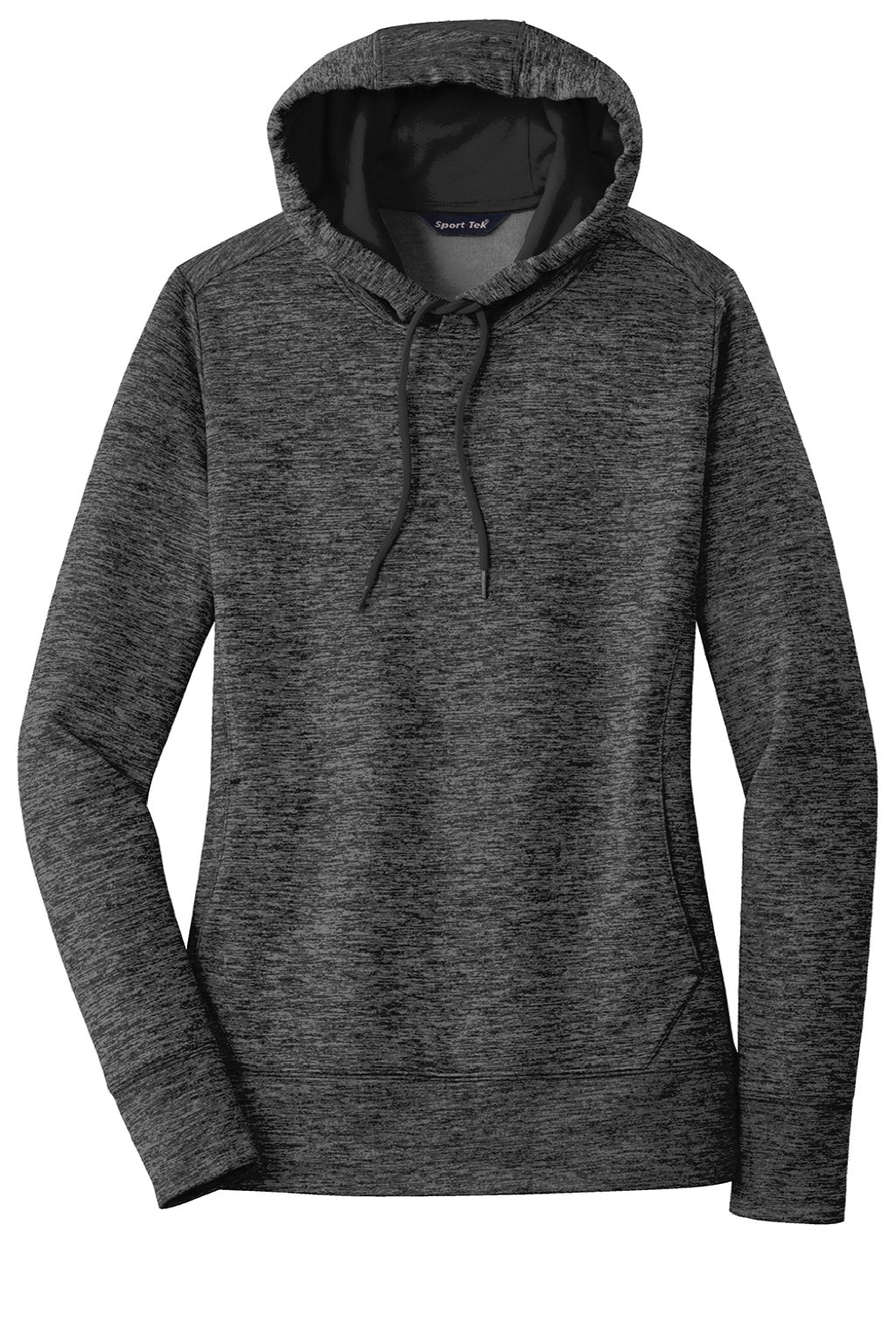 Sport-Tek LST225 Womens Electric Heather Moisture Wicking Fleece Hooded Sweatshirt Hoodie w/ Pouch Pocket Grey Black Electric Flat Front