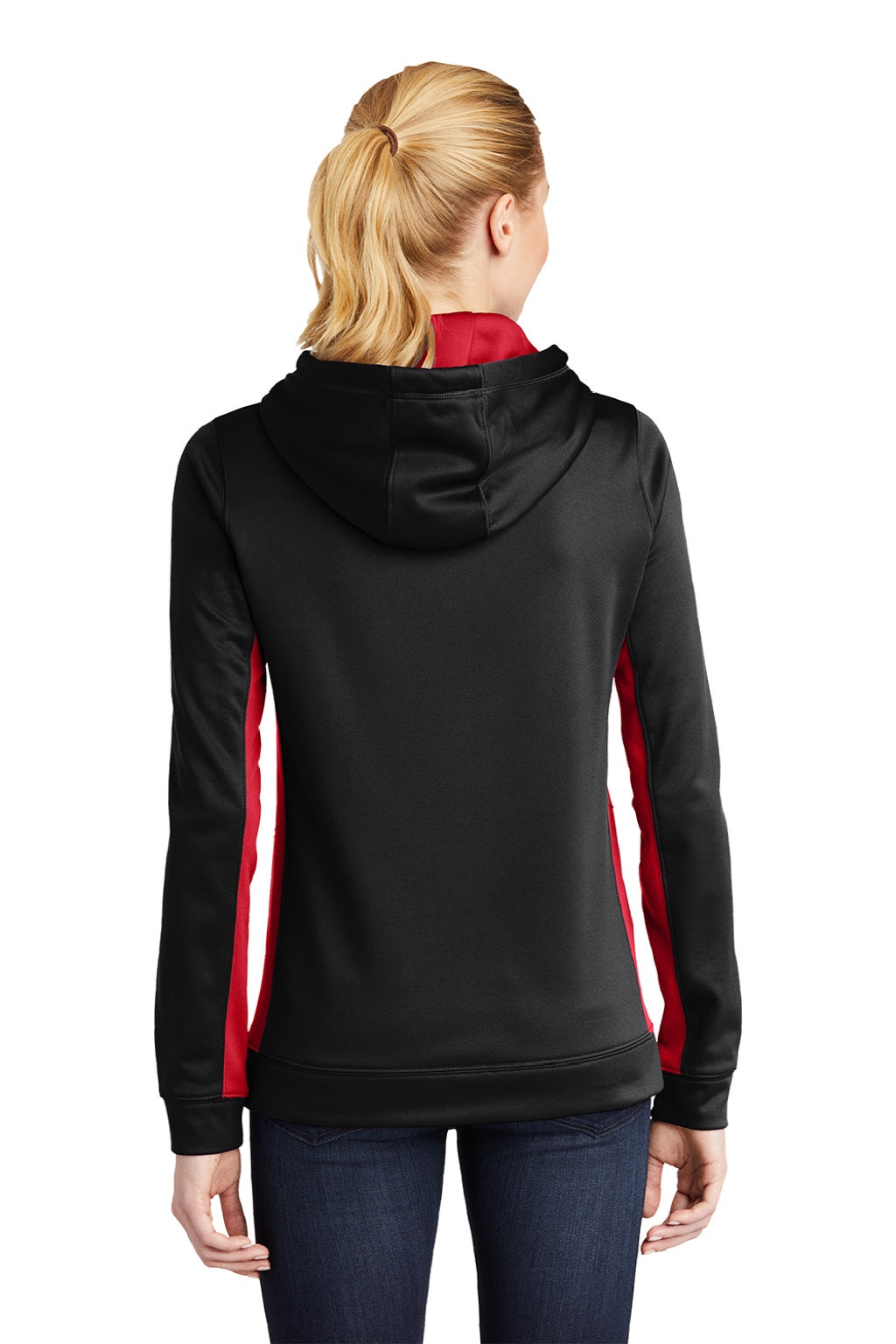 Sport-Tek LST235 Womens Sport-Wick Moisture Wicking Fleece Hooded Sweatshirt Hoodie w/ Pouch Pocket Black/Deep Red Model Back
